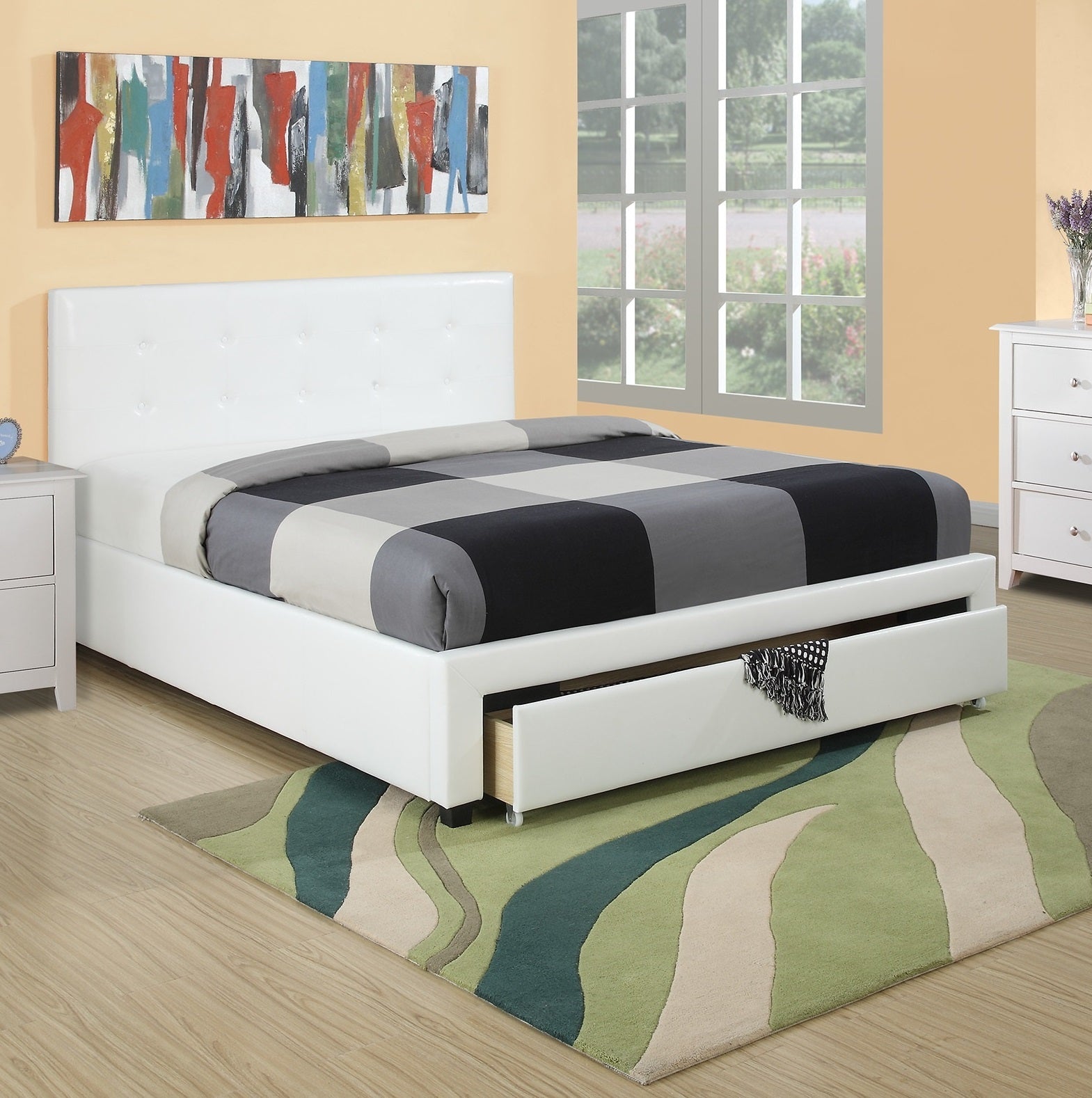 Queen White Faux Leather Bed with Under Bed Storage