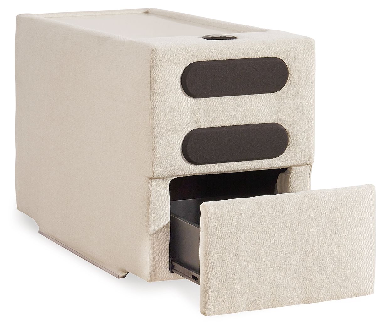 Oyster upholstered console with audio system; two front speaker openings, open slot