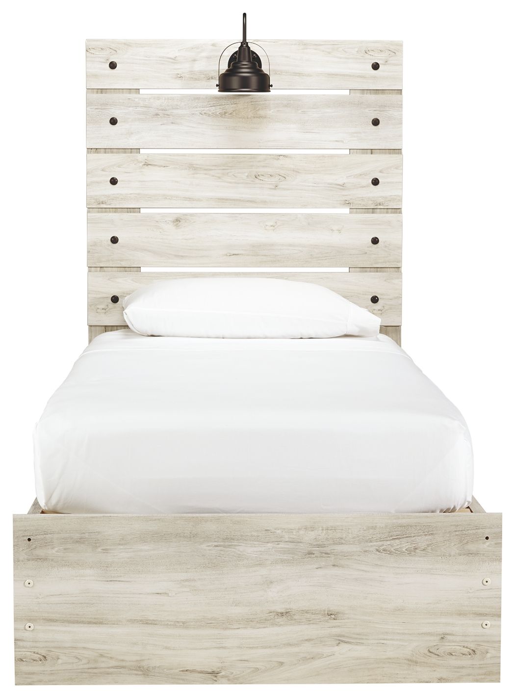 Light beige panel bed with slatted headboard, round knobs, and upholstered mattress