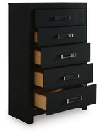 Black five-drawer chest side view with silver bar handles and visible drawer sides
