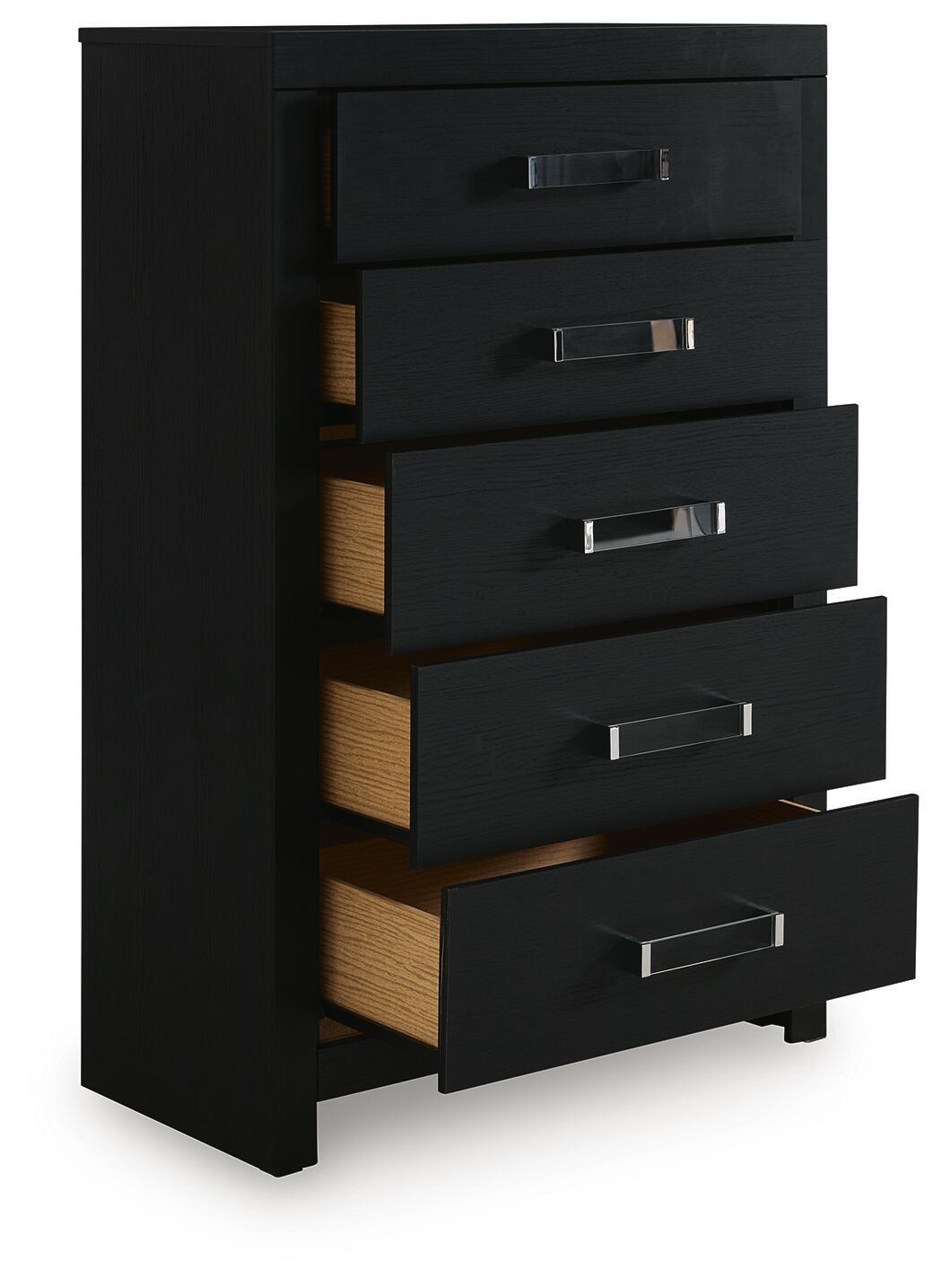 Black five-drawer chest side view with silver bar handles and visible drawer sides