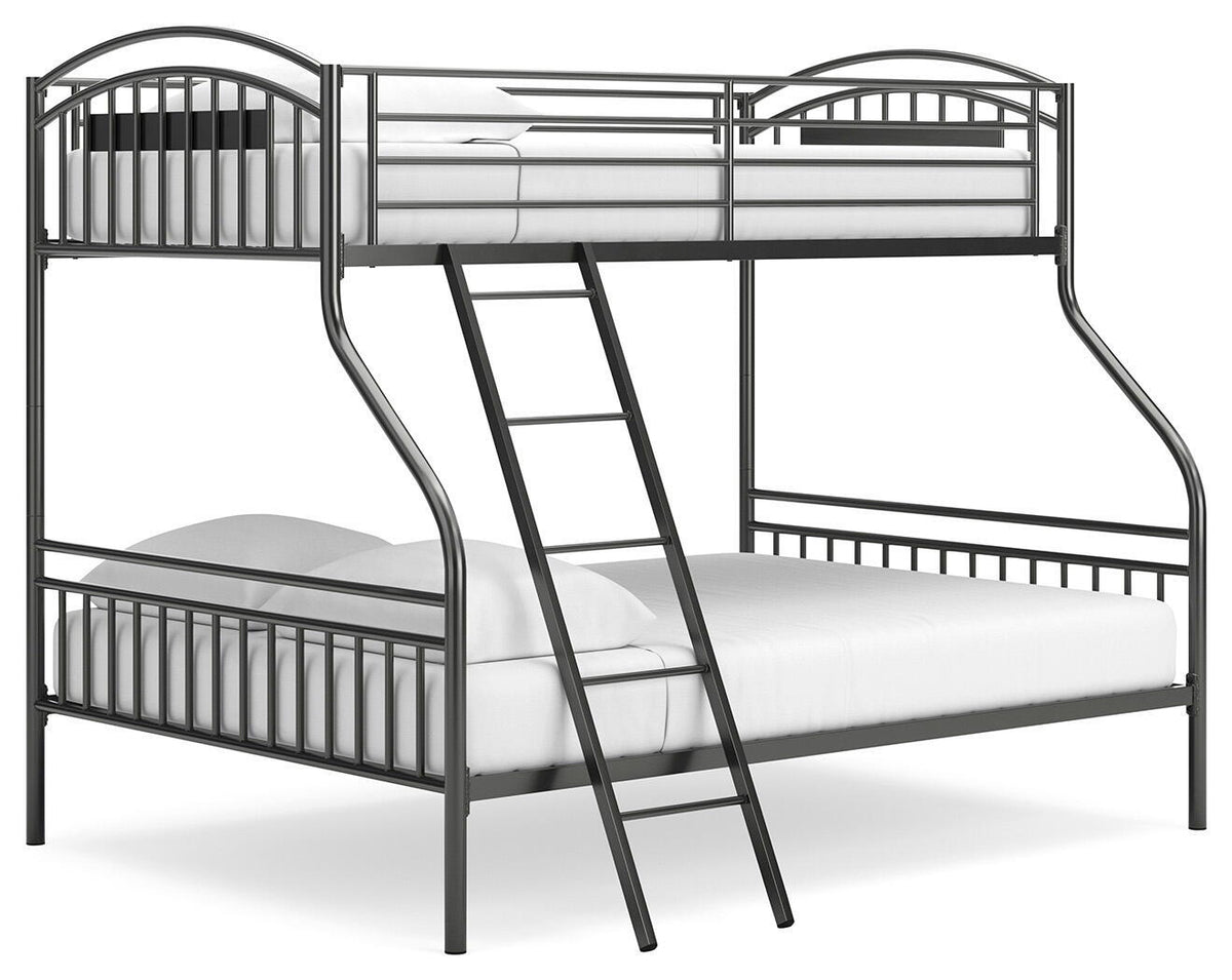 Dark gray bunk bed with ladder, guardrails, and white top and bottom mattresses