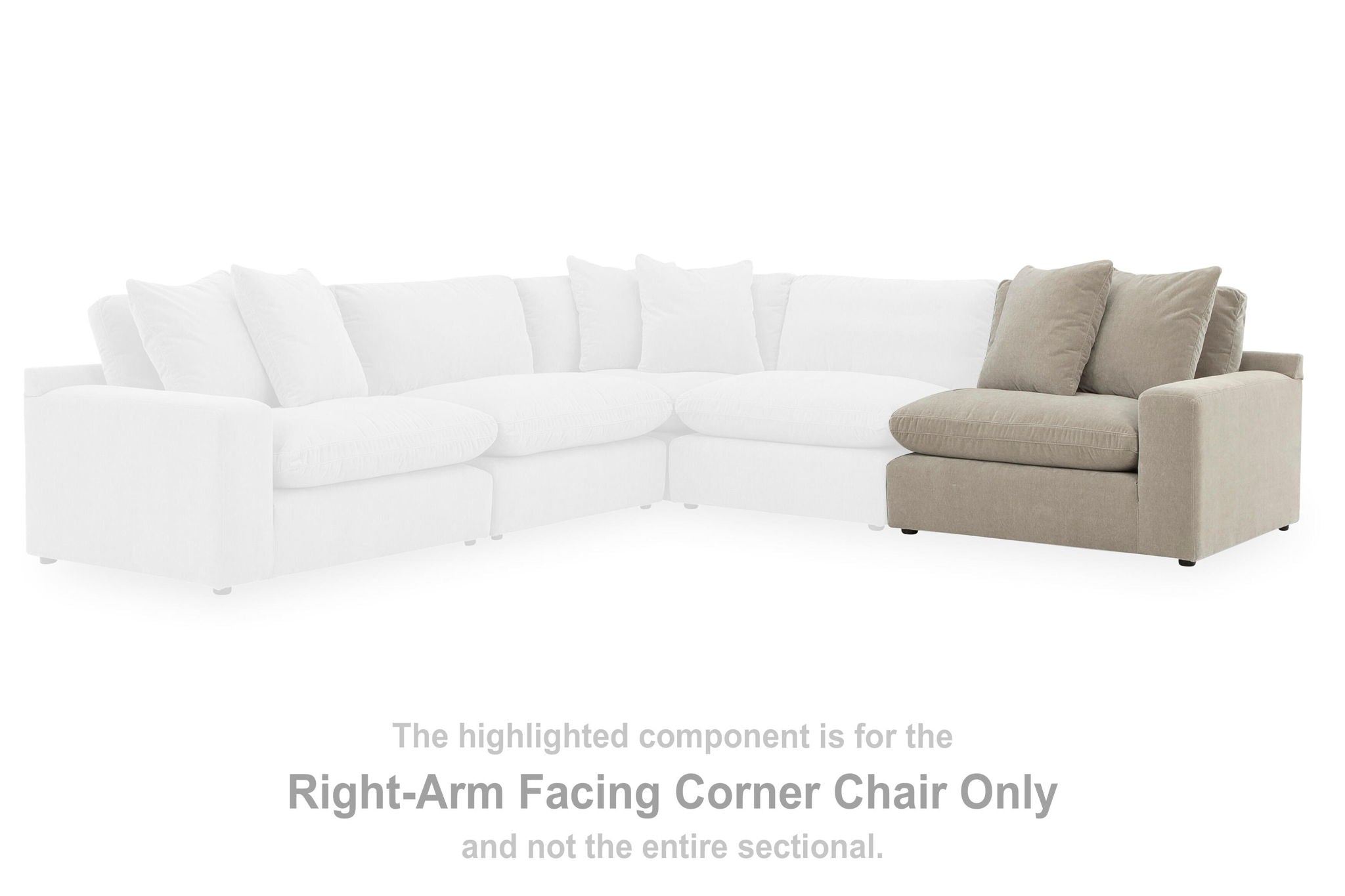 Pebble gray right-arm facing corner chair component with two back cushions