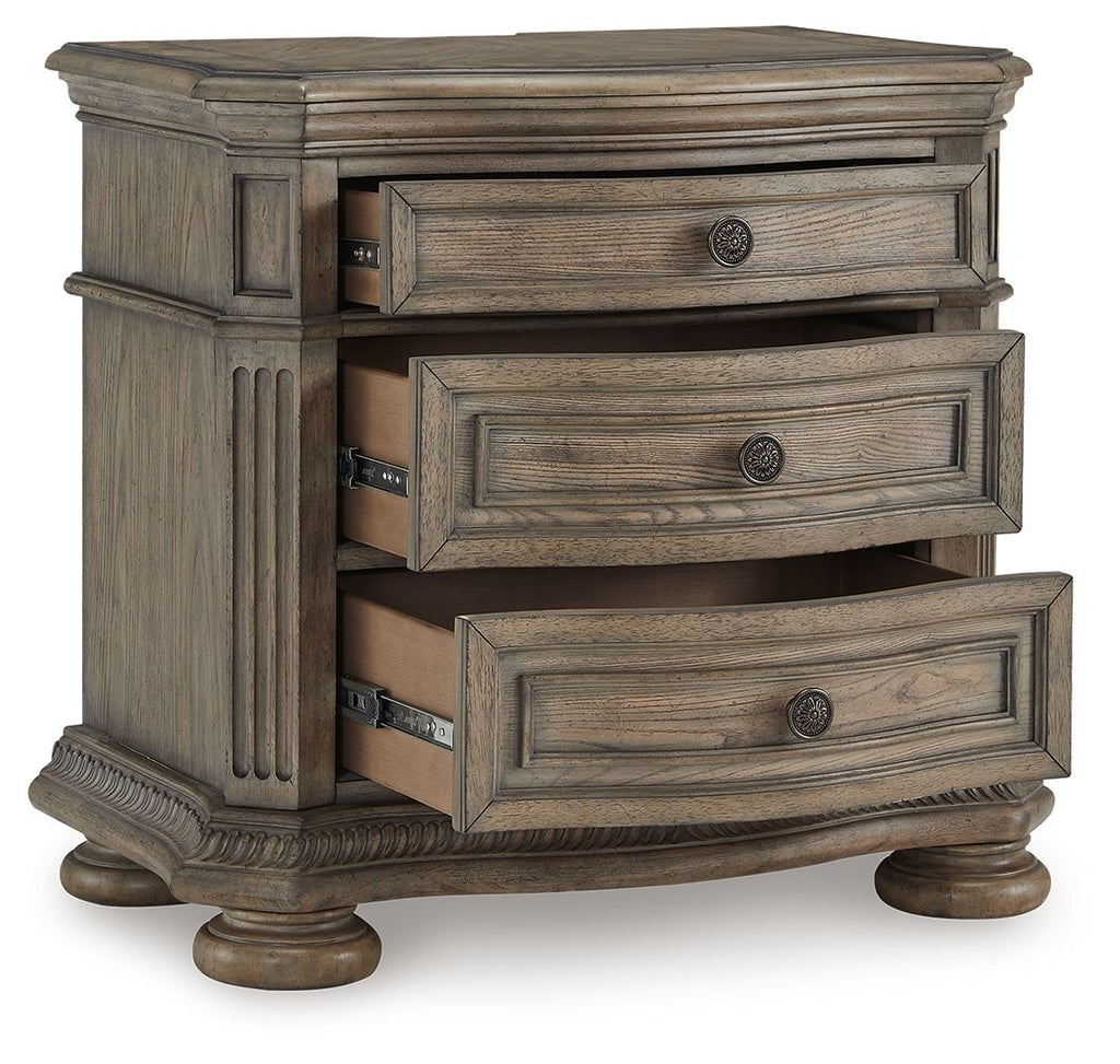 Light brown three-drawer nightstand with two open drawers and round knob pulls