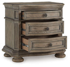 Light brown three-drawer nightstand with two open drawers and round knob pulls