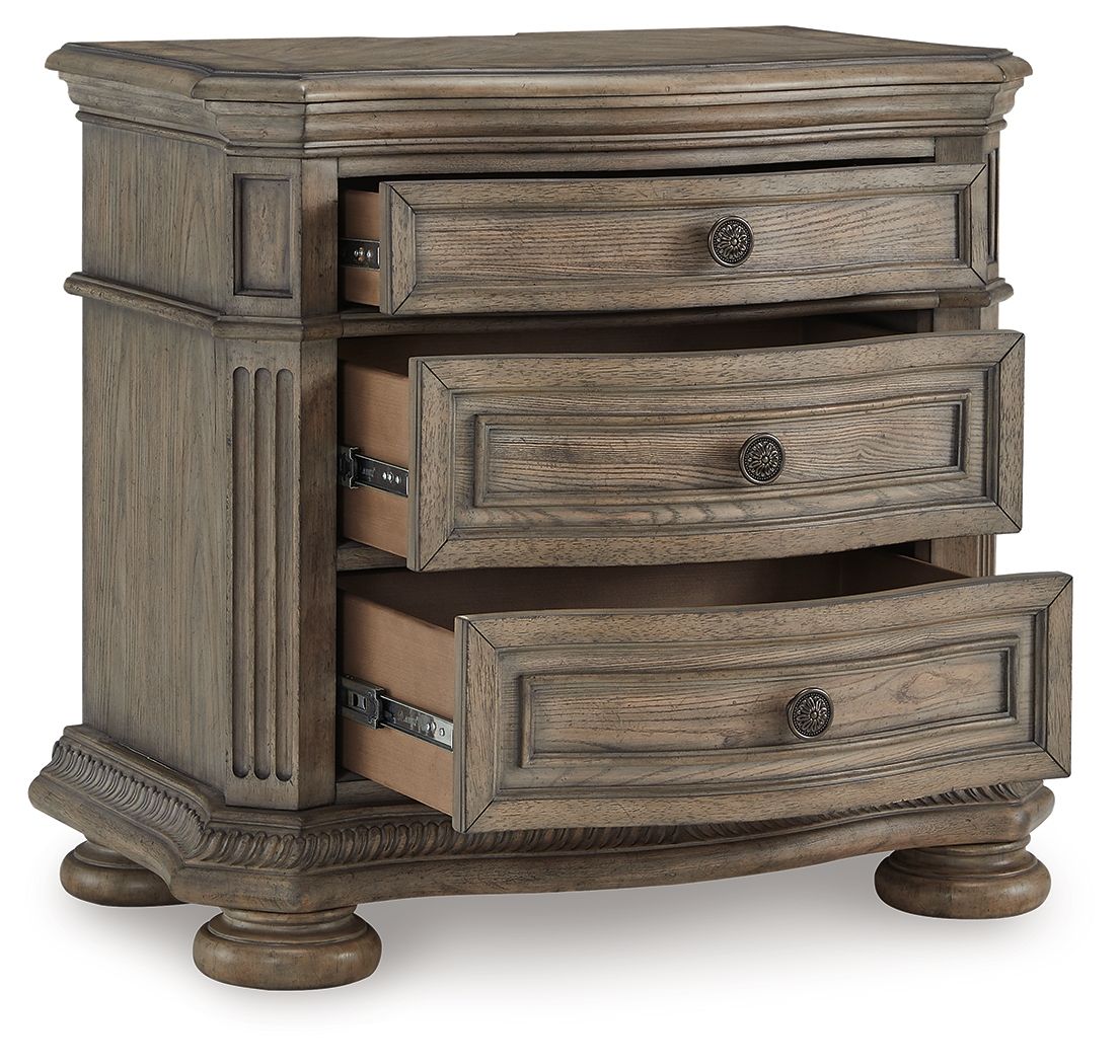 Light brown three-drawer nightstand with two open drawers and round knob pulls