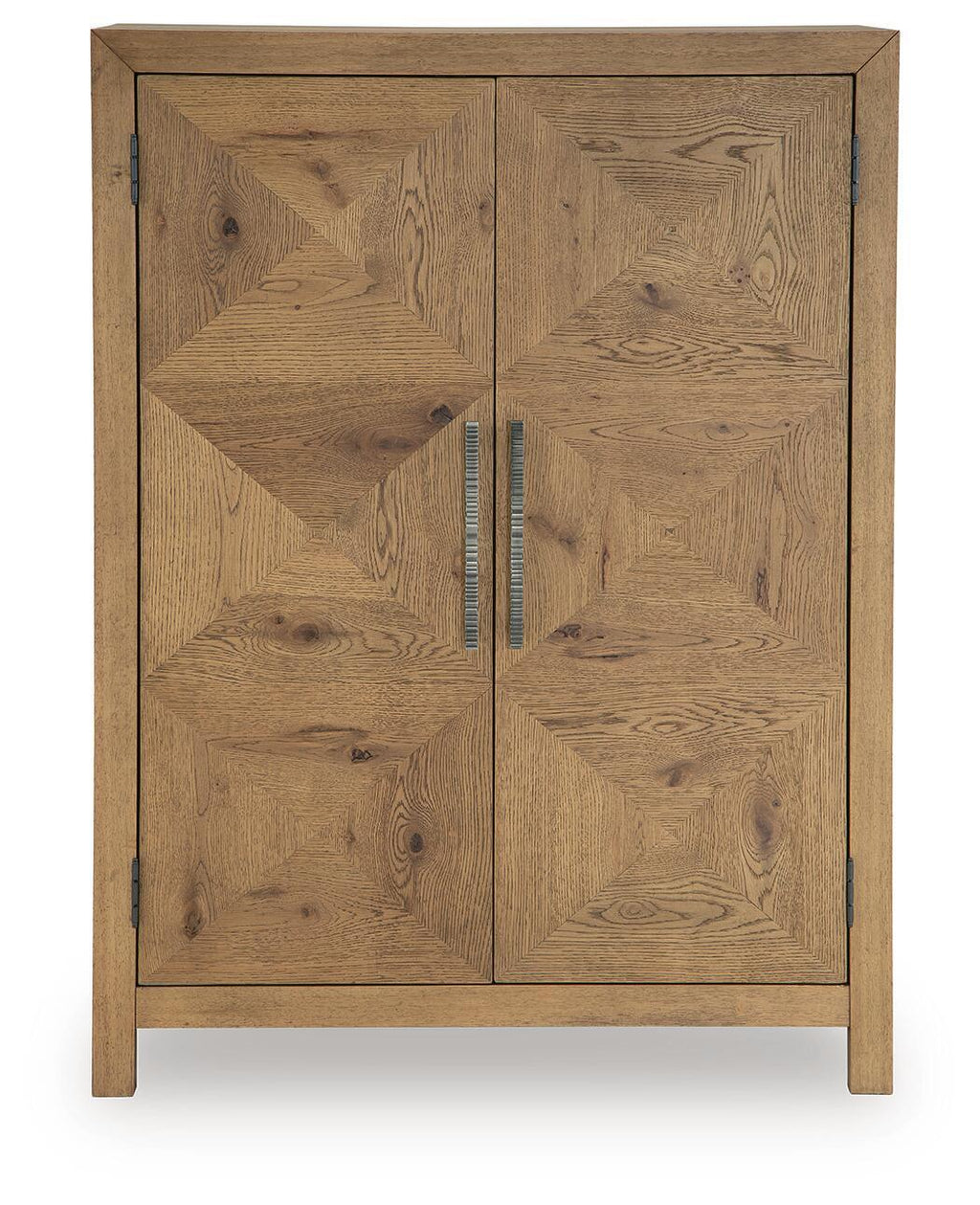 Light brown wooden cabinet with two paneled doors and slim metal bar pulls