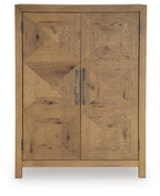 Light brown wooden cabinet with two paneled doors and slim metal bar pulls