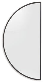 Round-cornered arched mirror with thin black frame, angled side view.