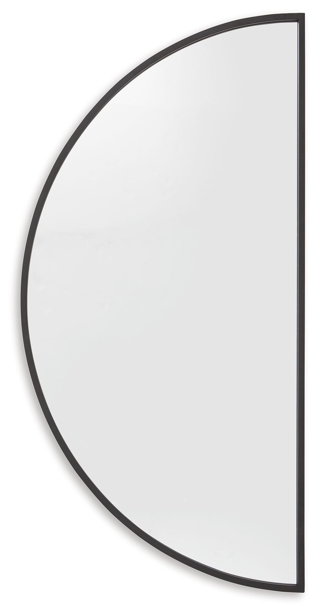 Round-cornered arched mirror with thin black frame, angled side view.