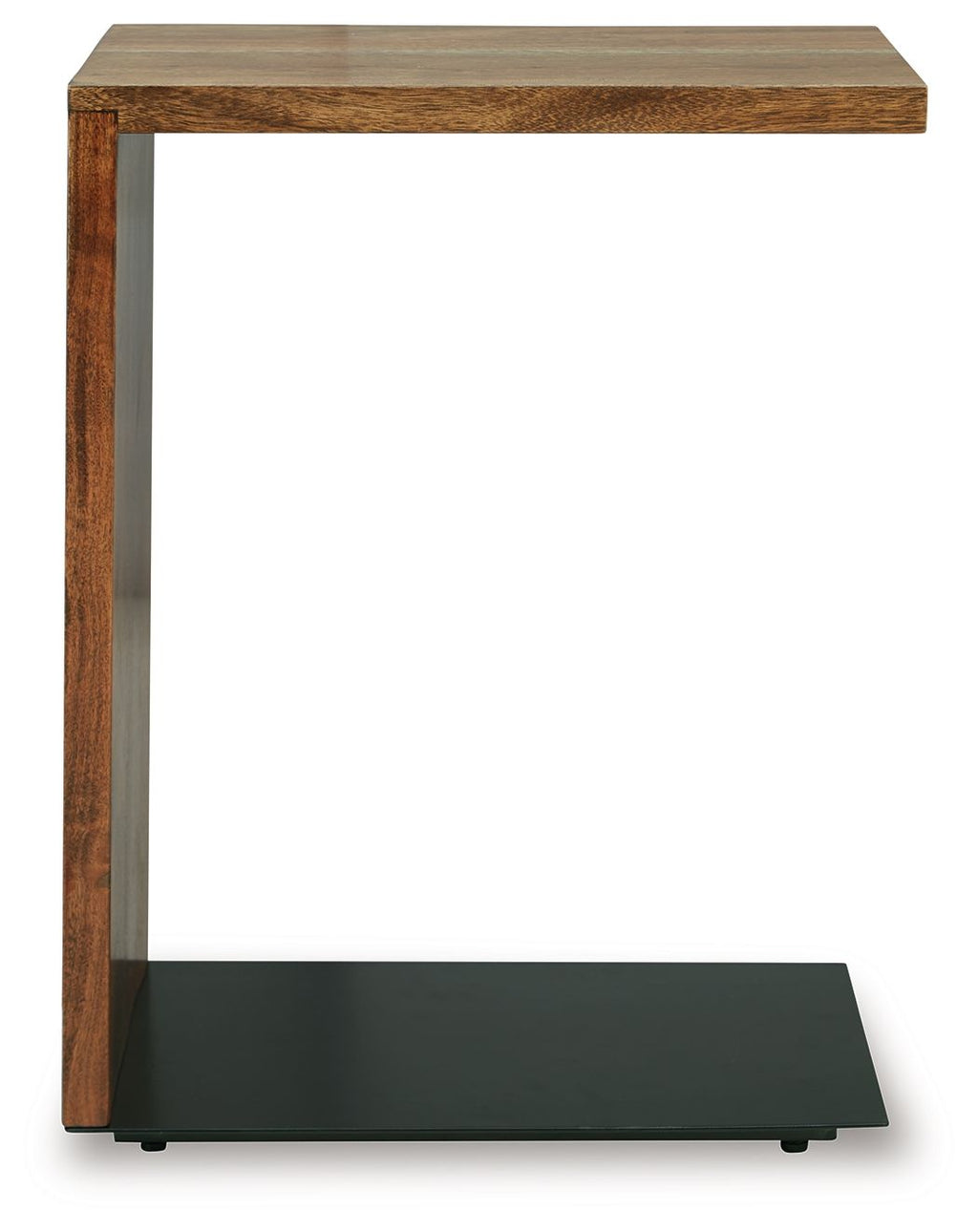 Brown wood accent table with dark metal base, shown from front corner.