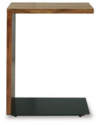 Brown wood accent table with dark metal base, shown from front corner.