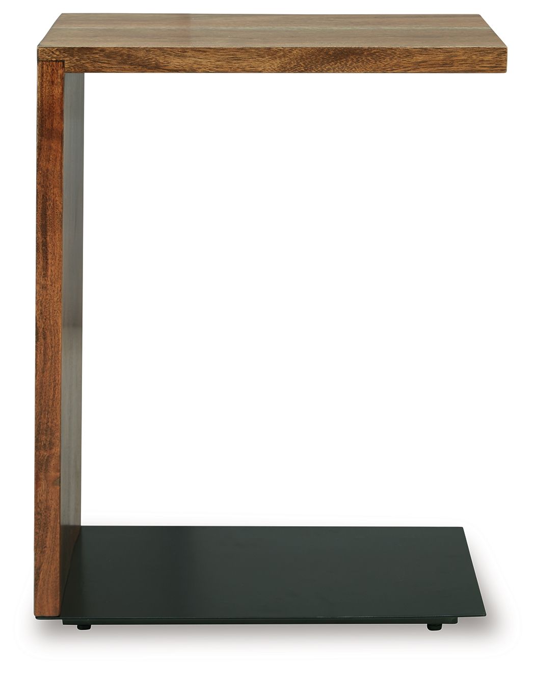 Brown wood accent table with dark metal base, shown from front corner.