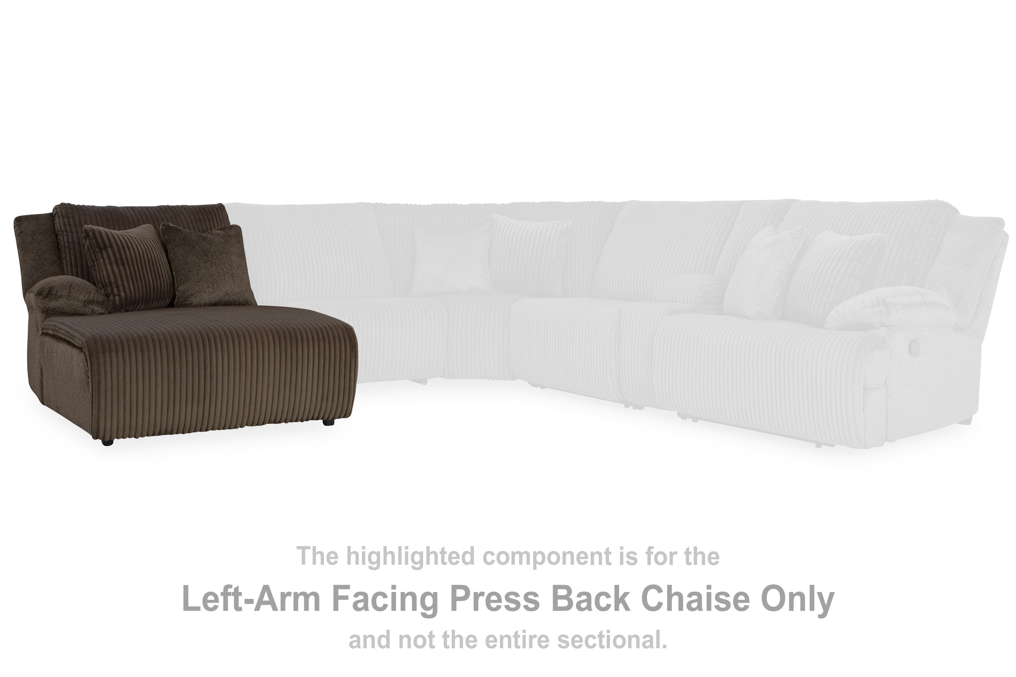 Chocolate left-arm facing press-back chaise section with ribbed fabric and pillows