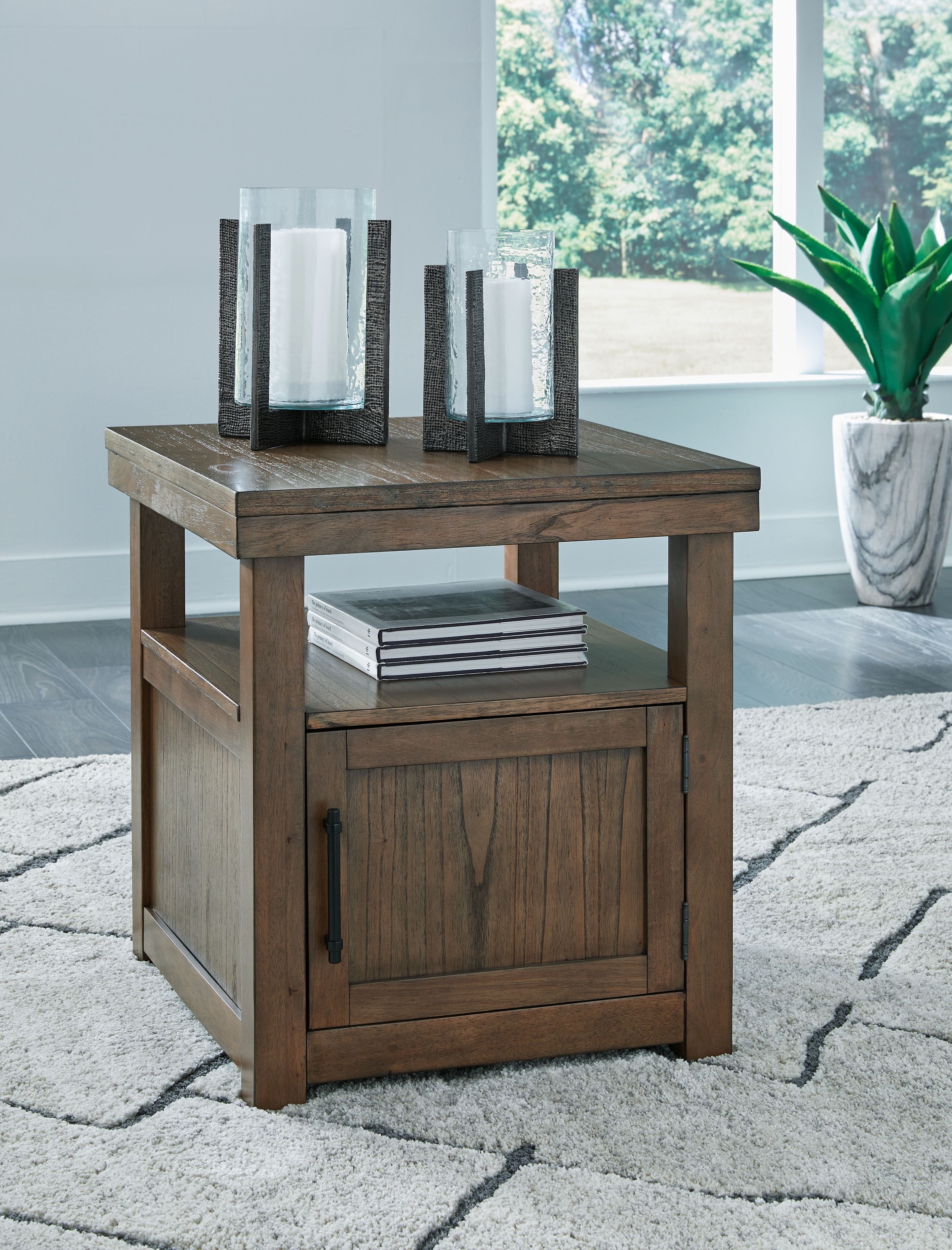 Rectangular end table with wood cabinet and open shelf, dark brown finish
