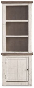 Left pier cabinet with open shelves and lower door, weathered beige finish