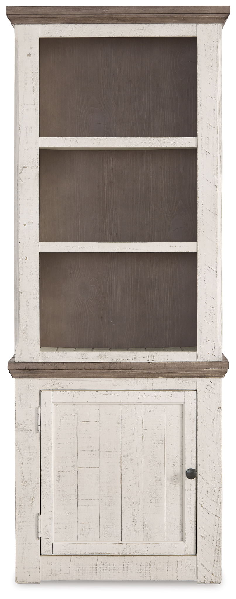 Left pier cabinet with open shelves and lower door, weathered beige finish