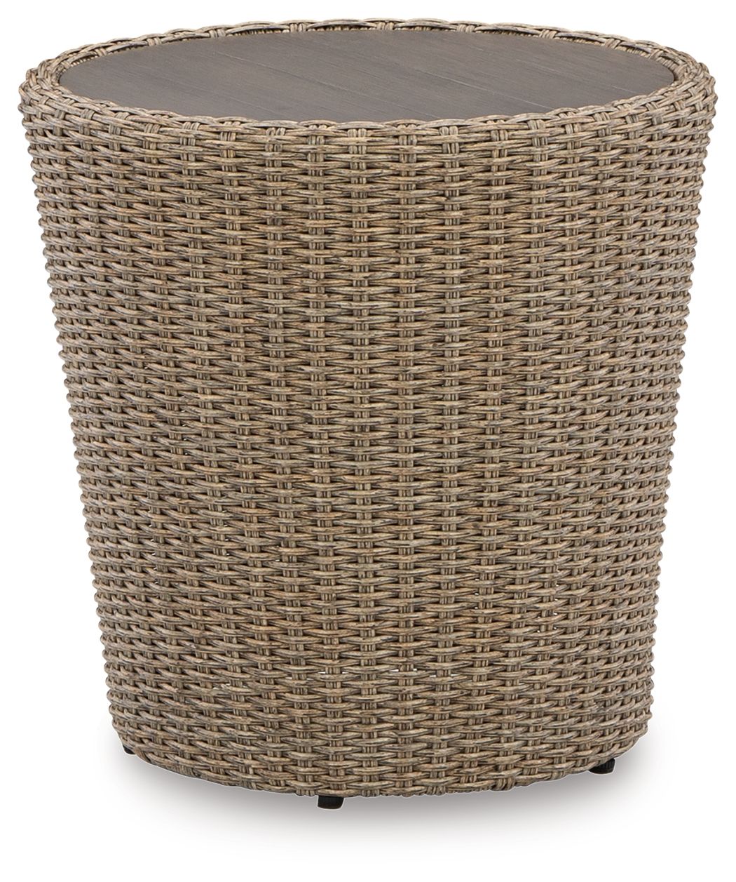 Beige round end table with woven wicker basket-style body and flat top.