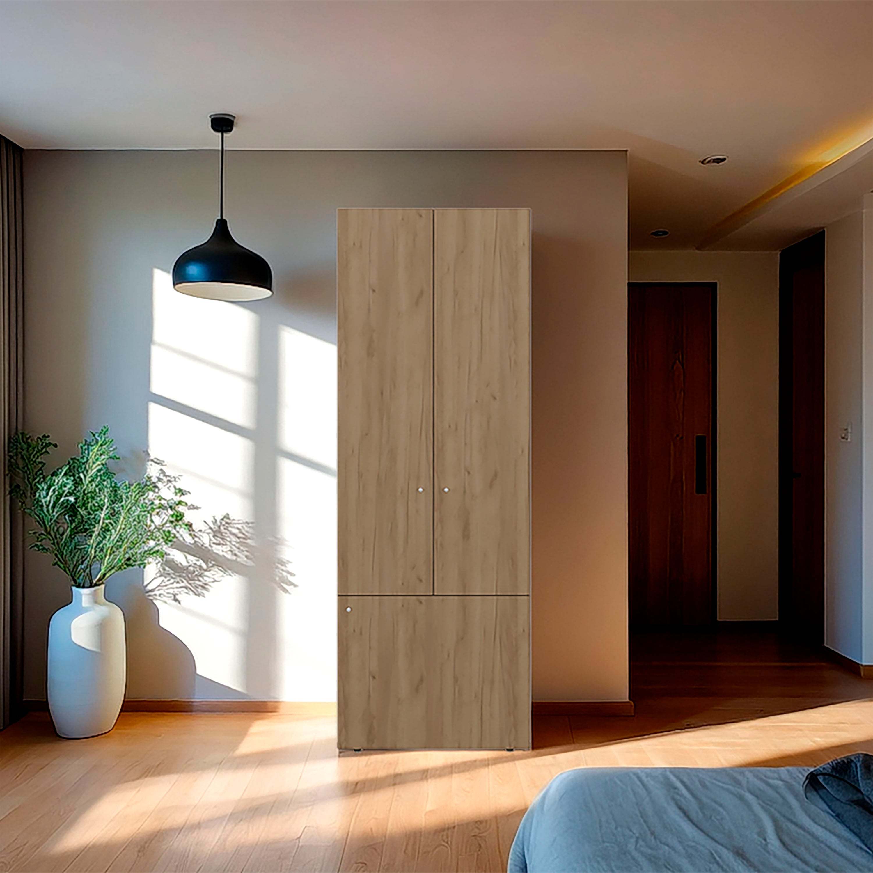 Natural Oak 3-Door Tall Wardrobe Cabinet 4 Shelves