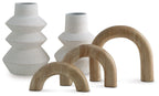 Sculptural accessory set of 5: white textured vases and natural wood arch stands