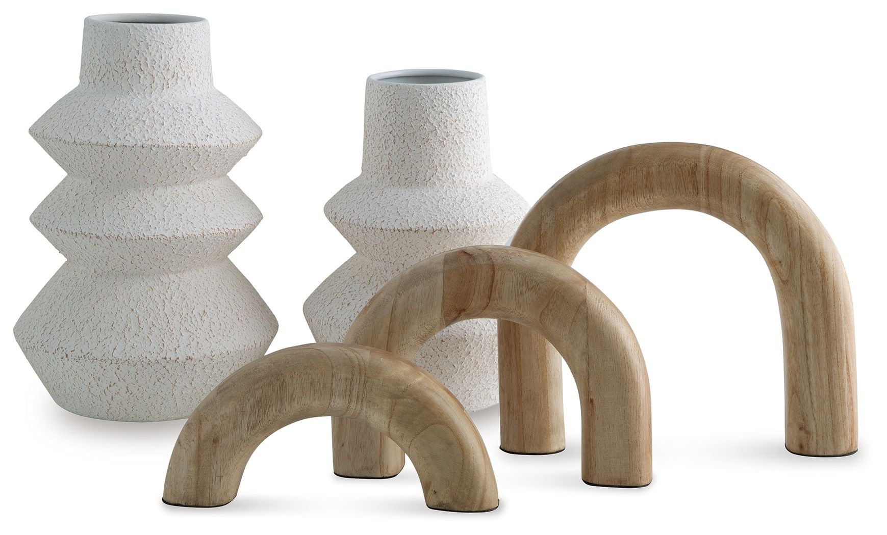 Sculptural accessory set of 5: white textured vases and natural wood arch stands