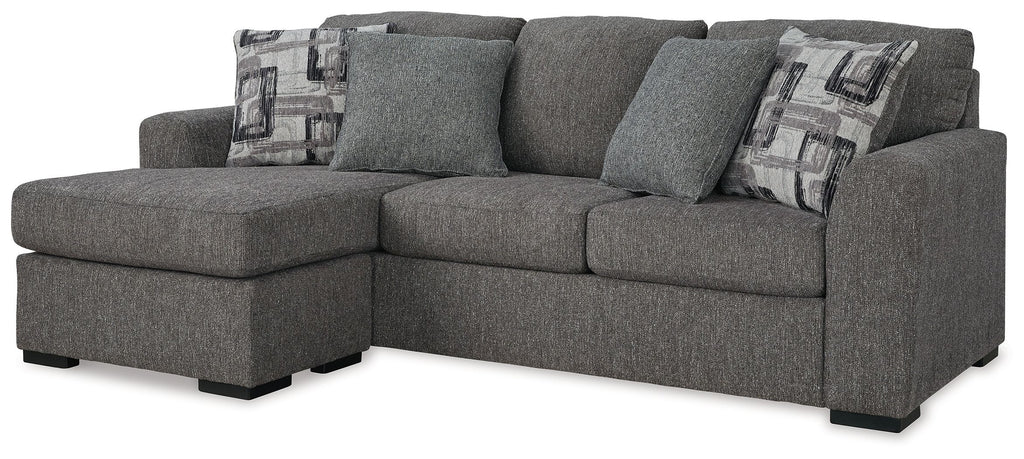 Pewter fabric sectional sofa chaise with left chaise, three back pillows and two patterned throws