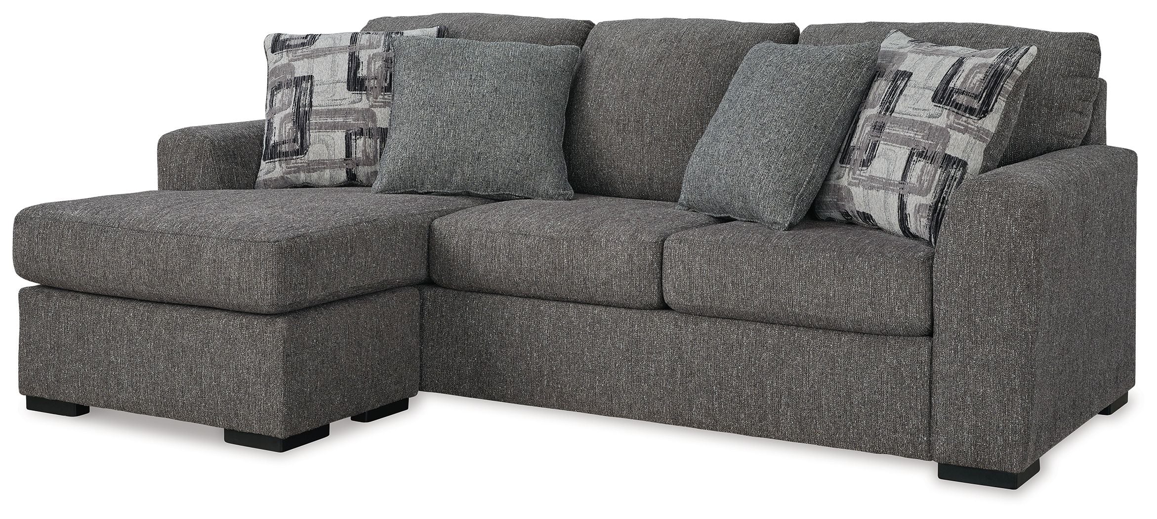Pewter fabric sectional sofa chaise with left chaise, three back pillows and two patterned throws