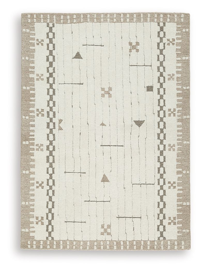 Light brown area rug with white geometric border and scattered motif pattern