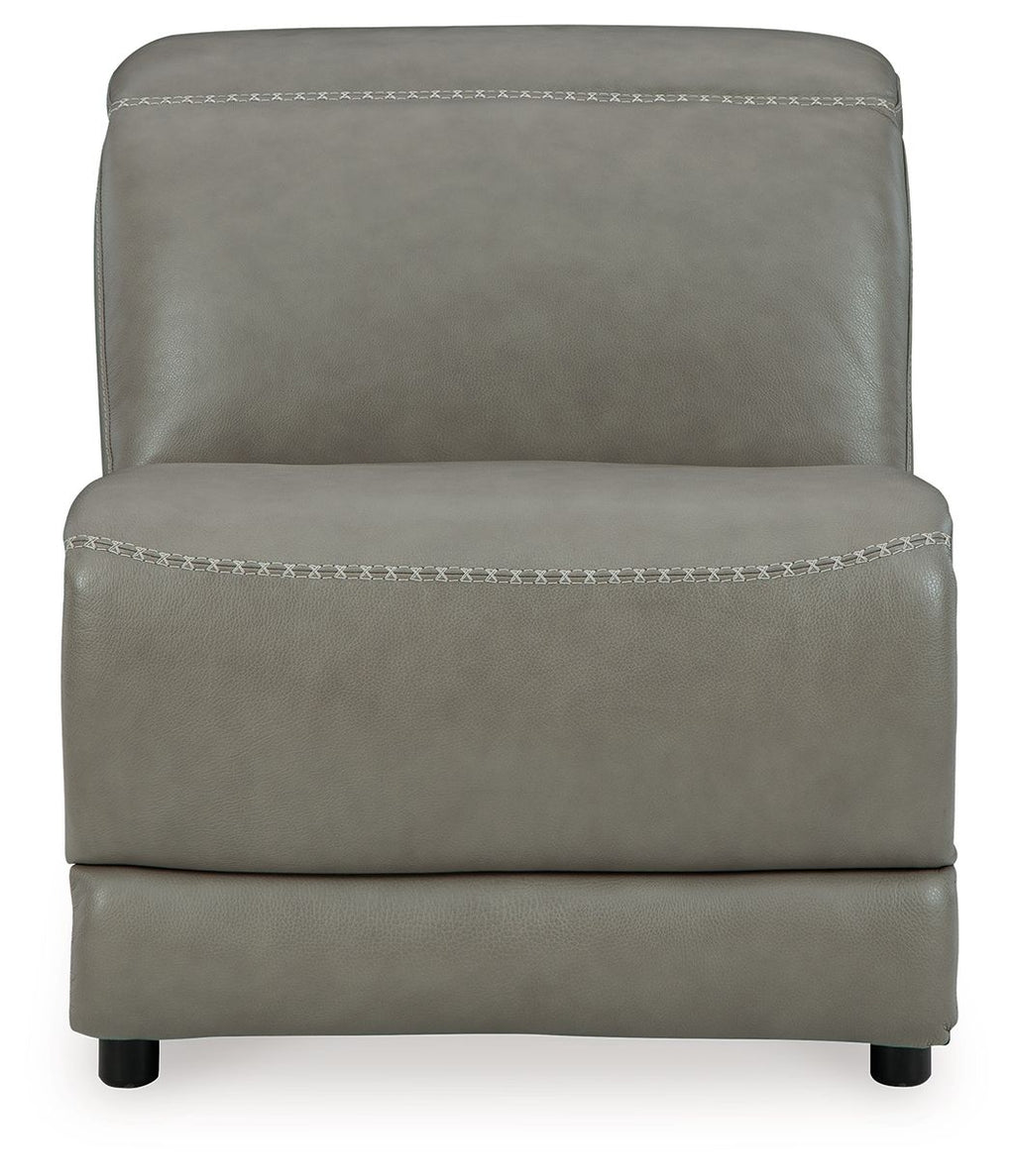 Gray armless upholstered chair with front curved base and stitched trim