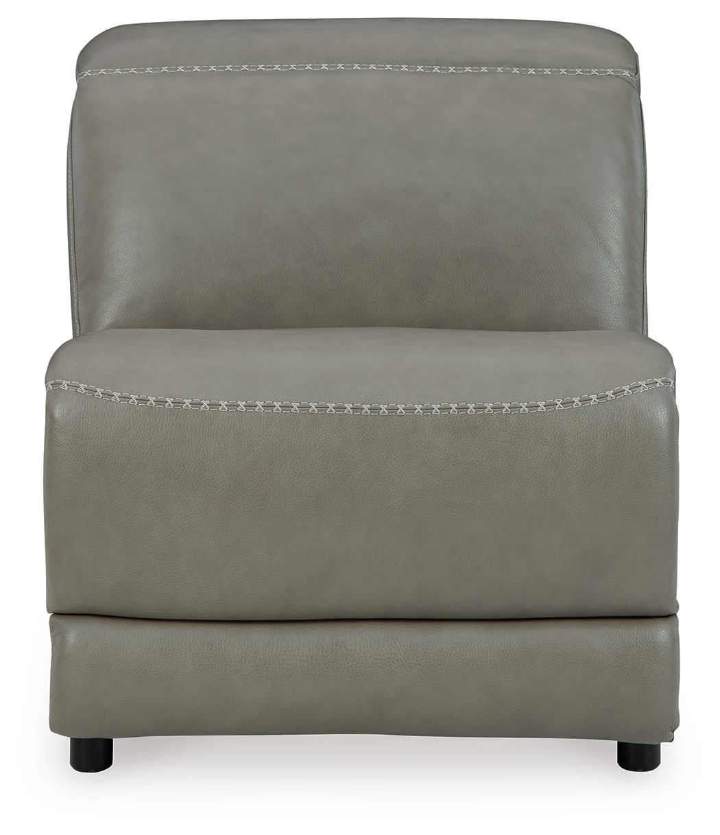 Gray armless upholstered chair with front curved base and stitched trim