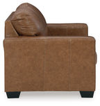 Light brown loveseat sofa with rolled back cushion and padded seat, dark feet
