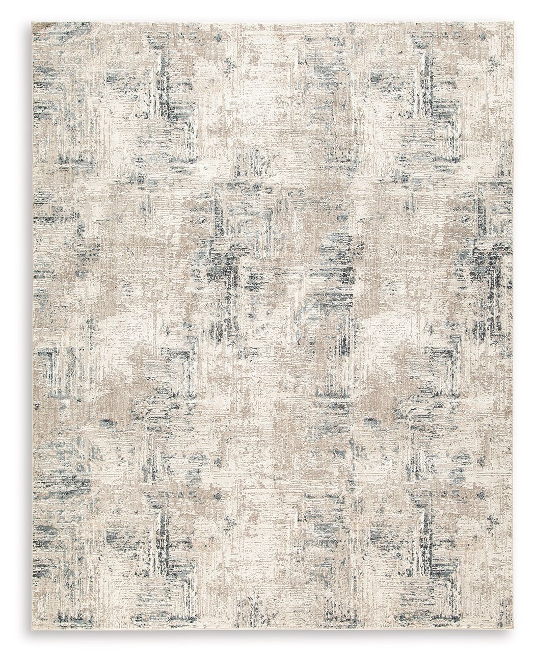 Cream abstract area rug with blue-gray distressed pattern and textured pile.