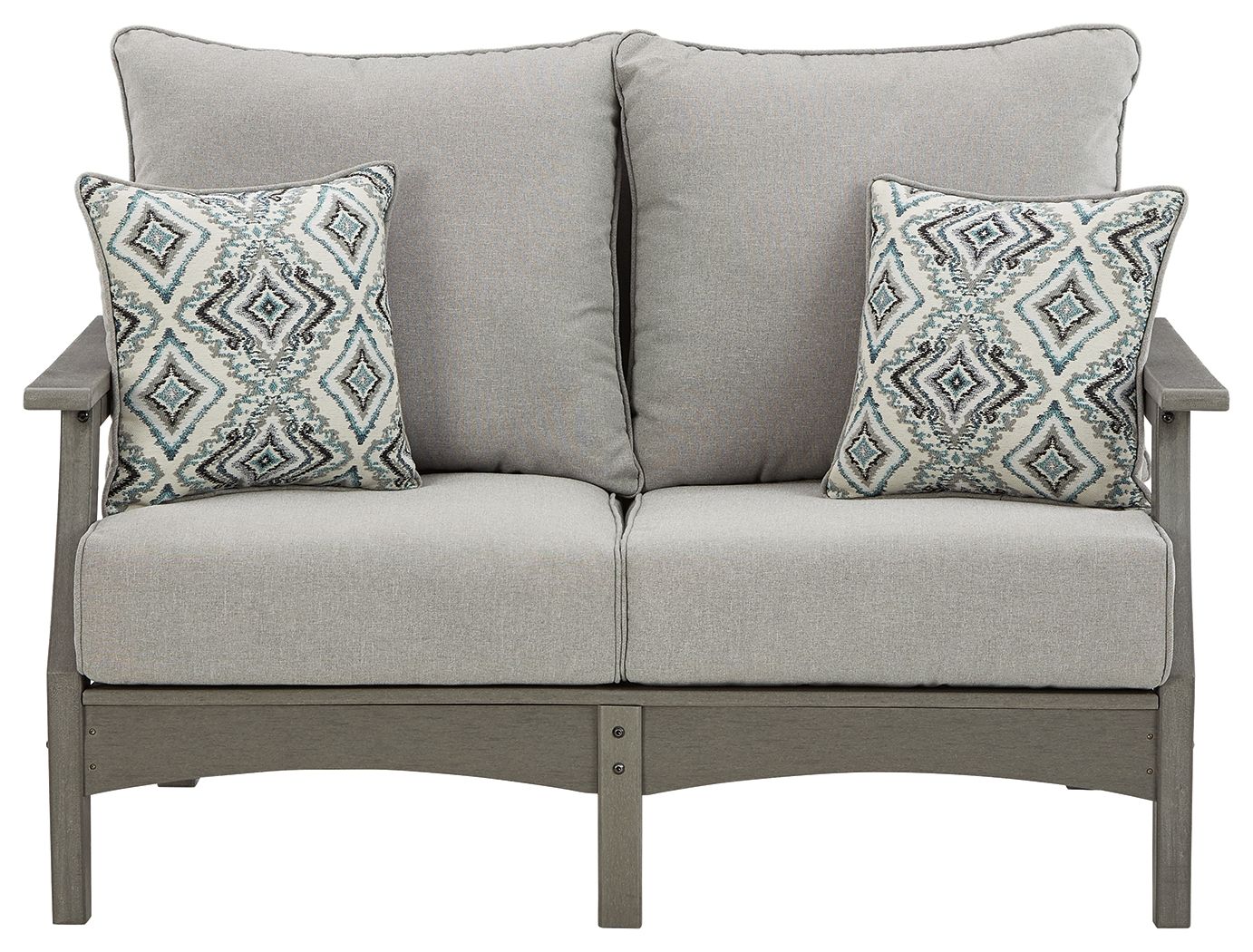 Gray upholstered loveseat with two diamond-pattern throw pillows and square armrests.