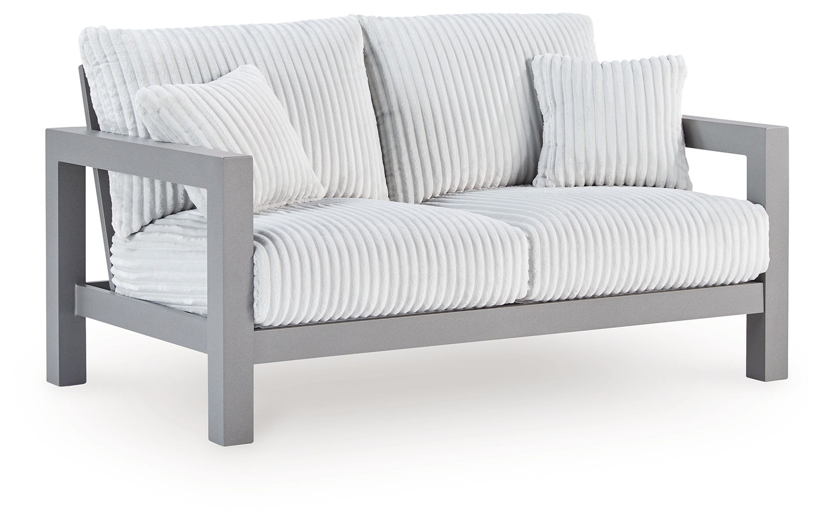 Gray outdoor loveseat with ribbed white cushions and curved armrests
