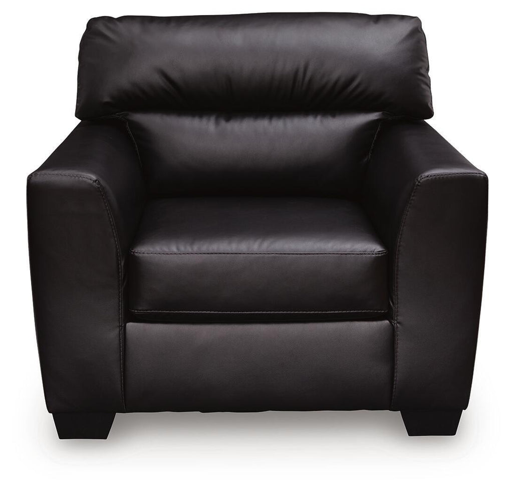 Midnight black upholstered armchair front view with cushioned seat and back