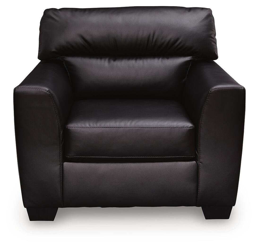 Midnight black upholstered armchair front view with cushioned seat and back