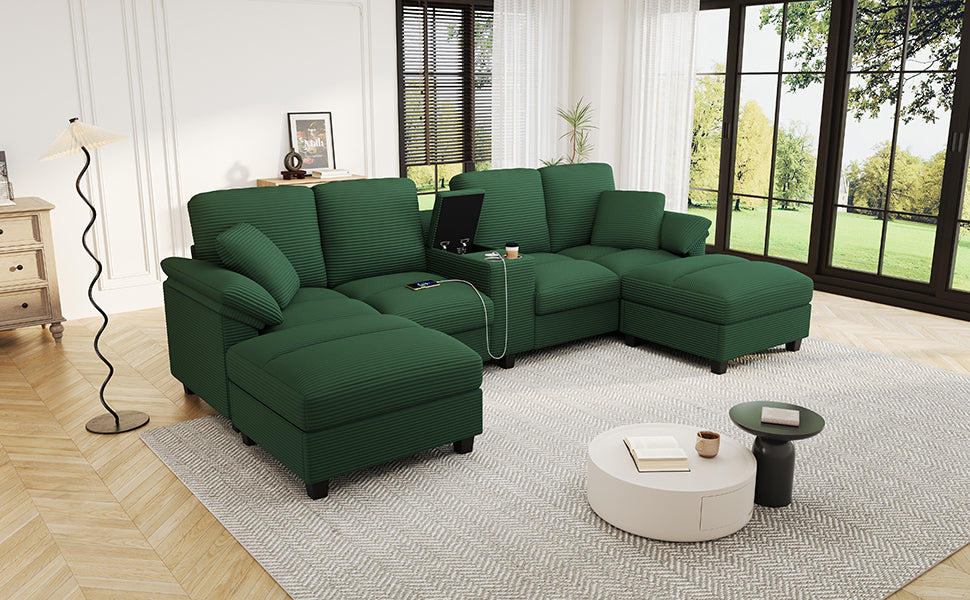 Green corduroy U-shaped sectional sofa with double chaise configuration