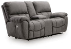 Dark gray power recline loveseat with padded adjustable headrests and console