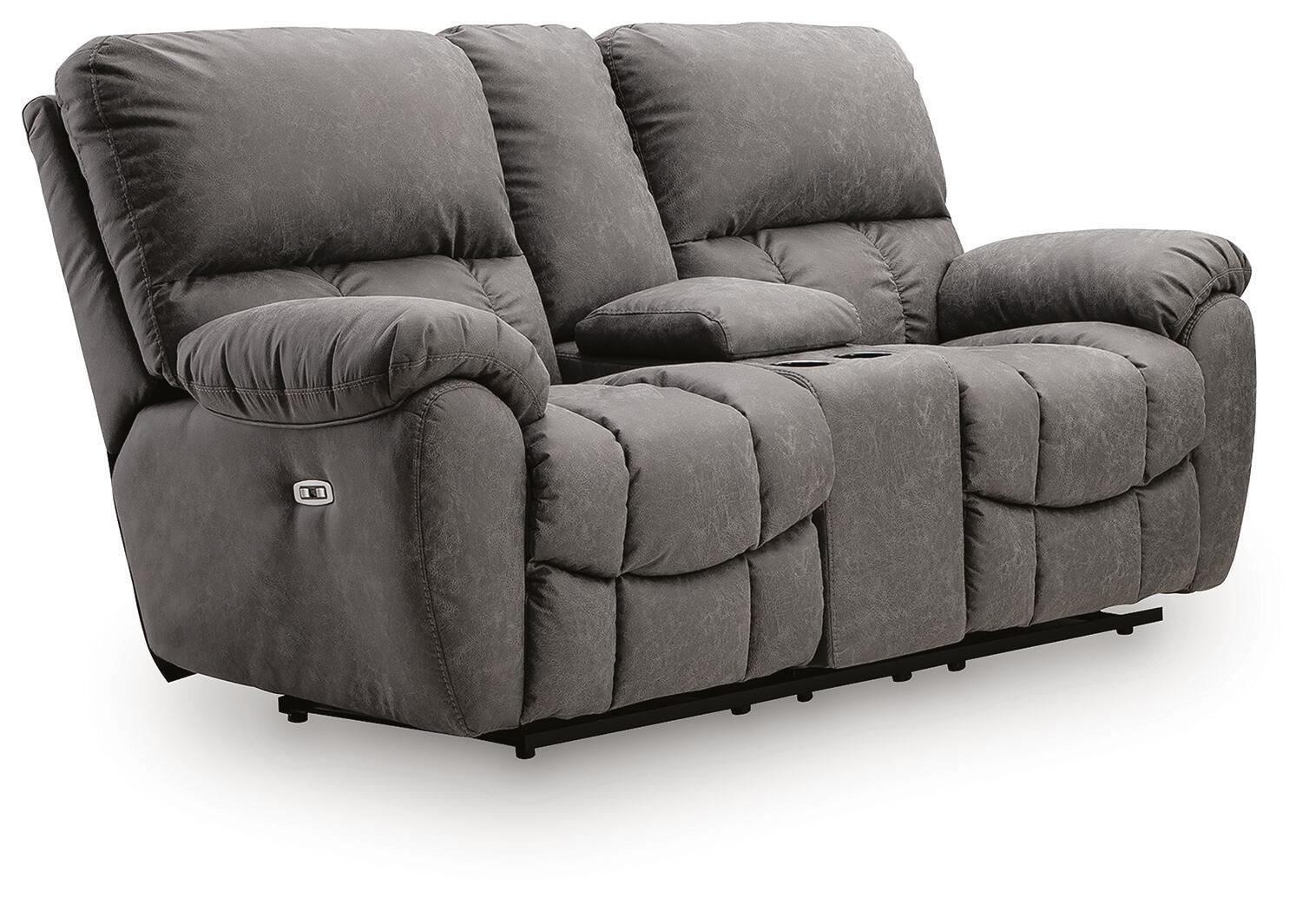 Dark gray power recline loveseat with padded adjustable headrests and console