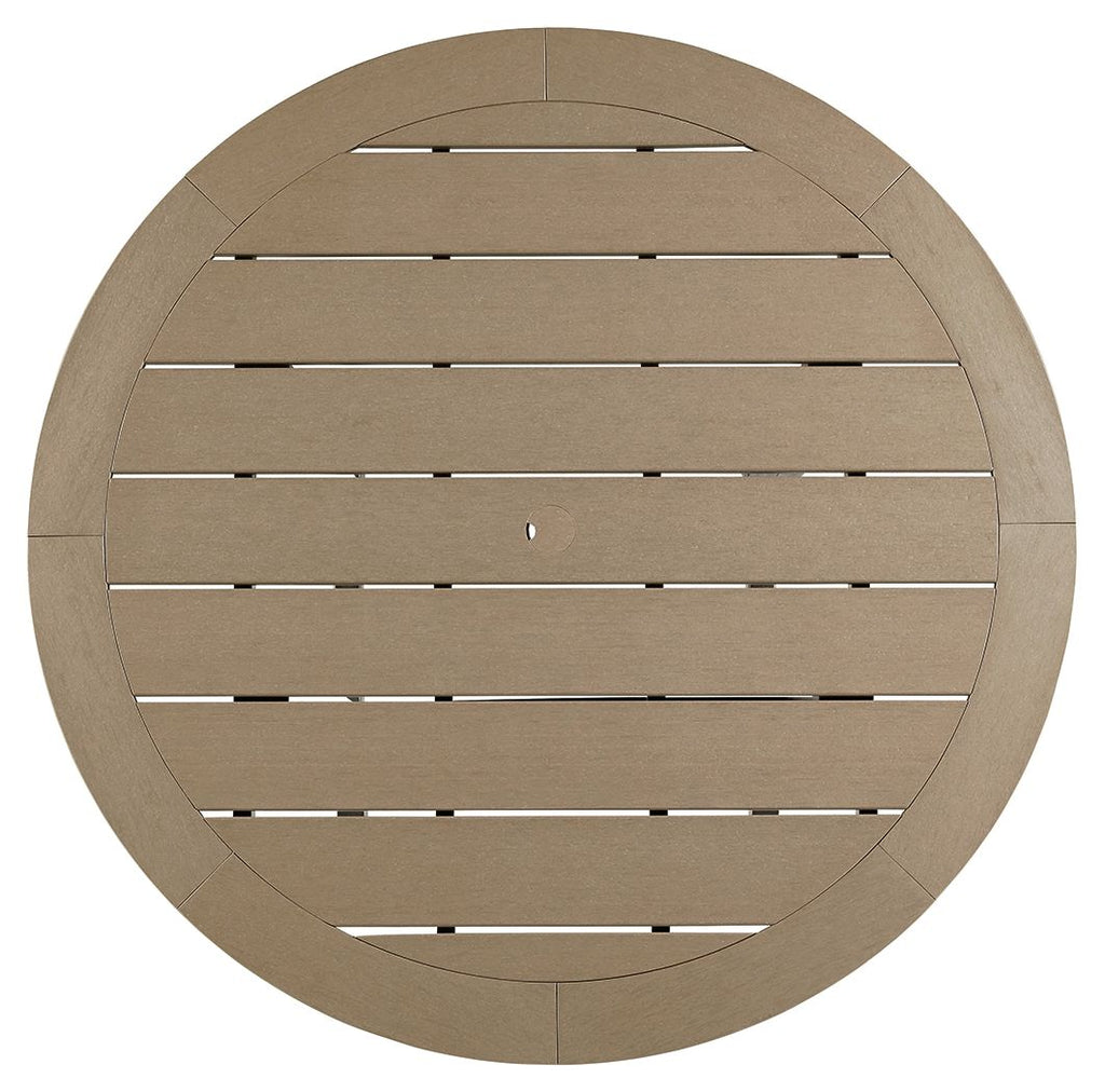Round driftwood tabletop with horizontal slats and black support rails