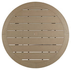 Round driftwood tabletop with horizontal slats and black support rails
