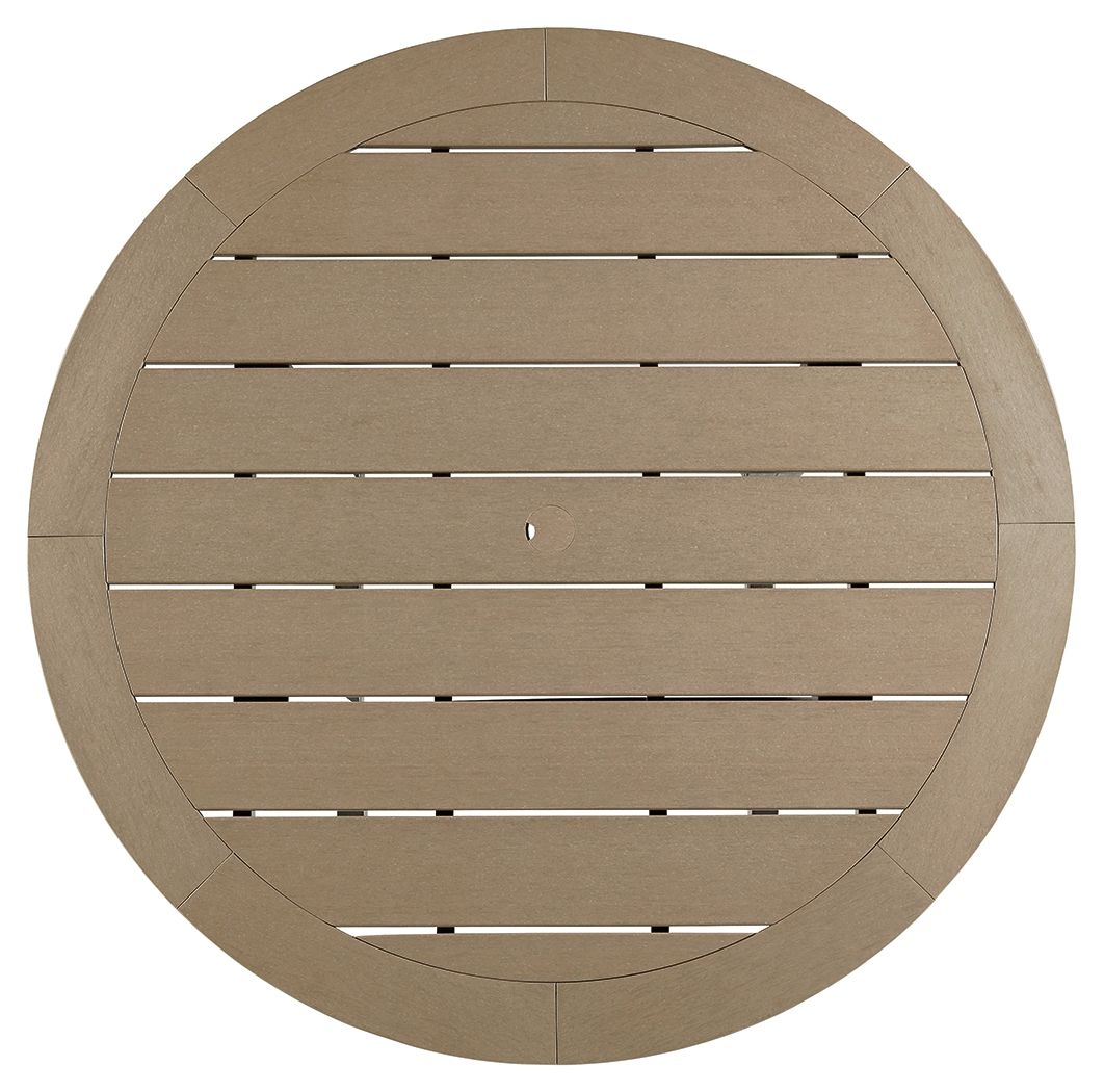 Round driftwood tabletop with horizontal slats and black support rails