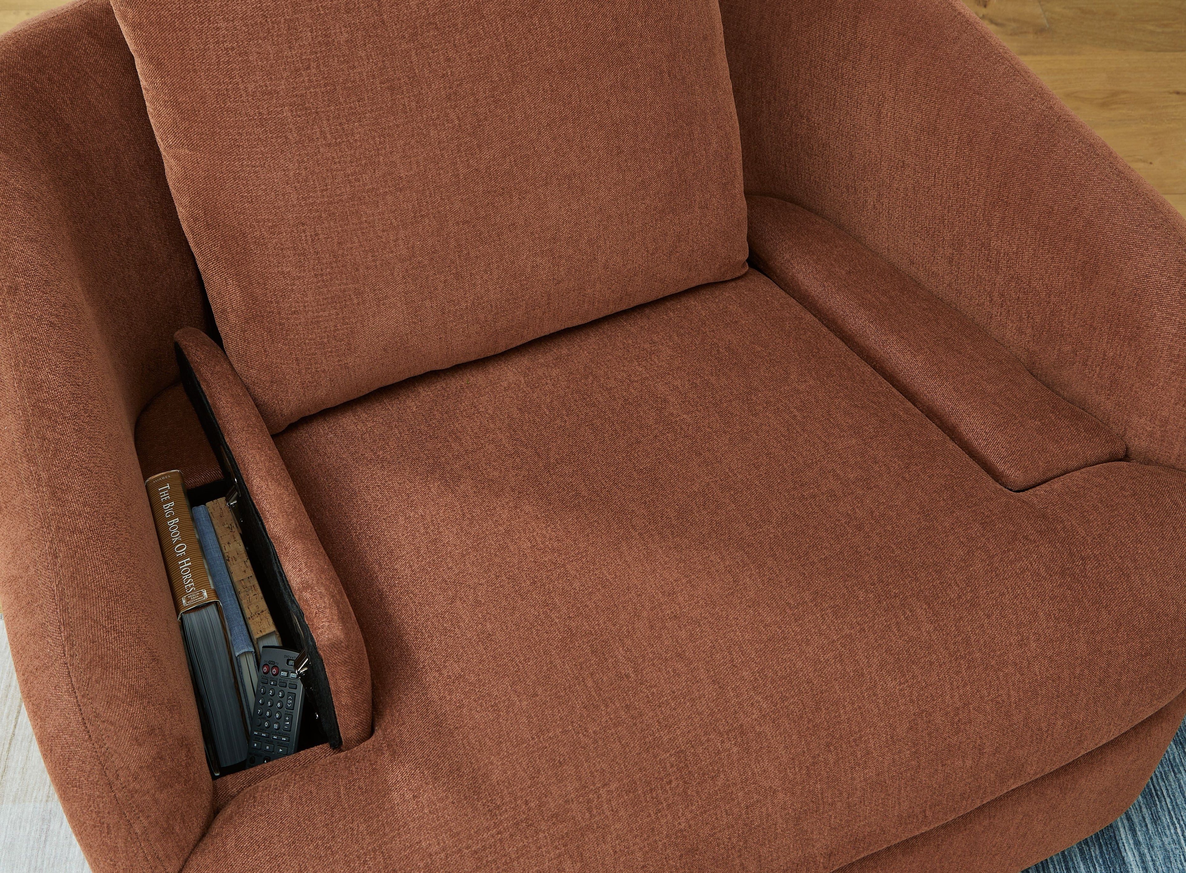 Swivel glider recliner chair in brown fabric, cushioned seat with reclining back.