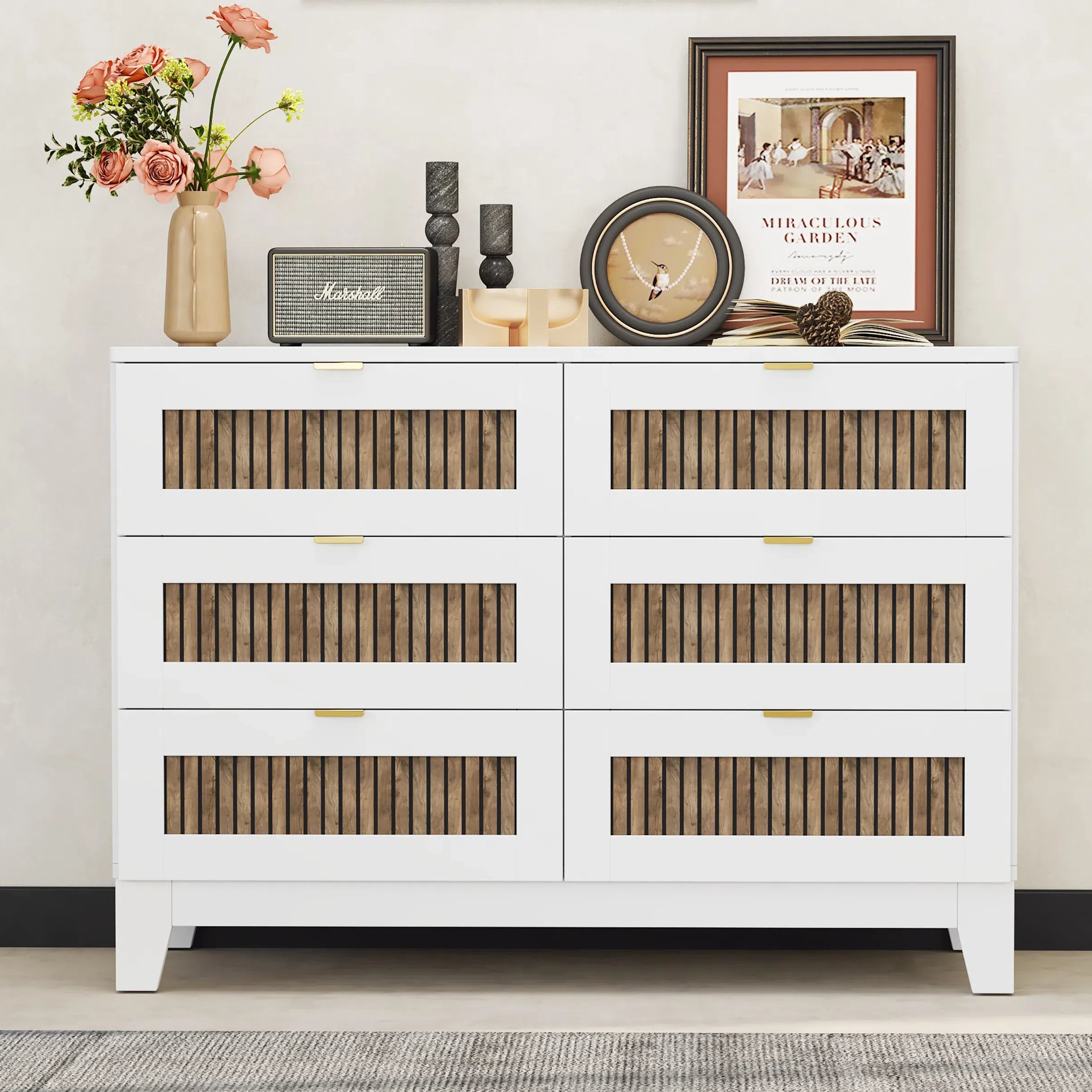 Rustic Farmhouse White Wooden 6-Drawer Dresser Storage Cabinet