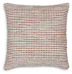 Woven square pillow cover with red-and-white striped grid and stitched border