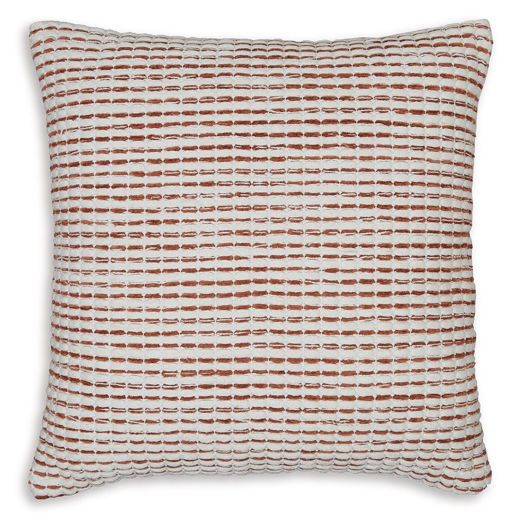 Woven square pillow cover with red-and-white striped grid and stitched border