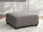 Square upholstered ottoman in heathered gray with low dark legs