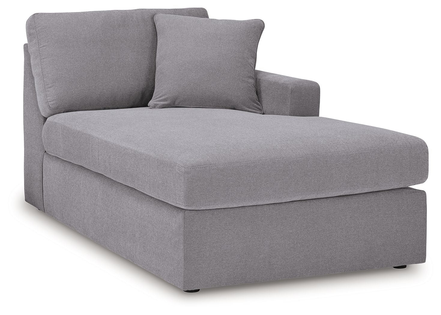 Gray fabric chaise section with square arm and two back cushions