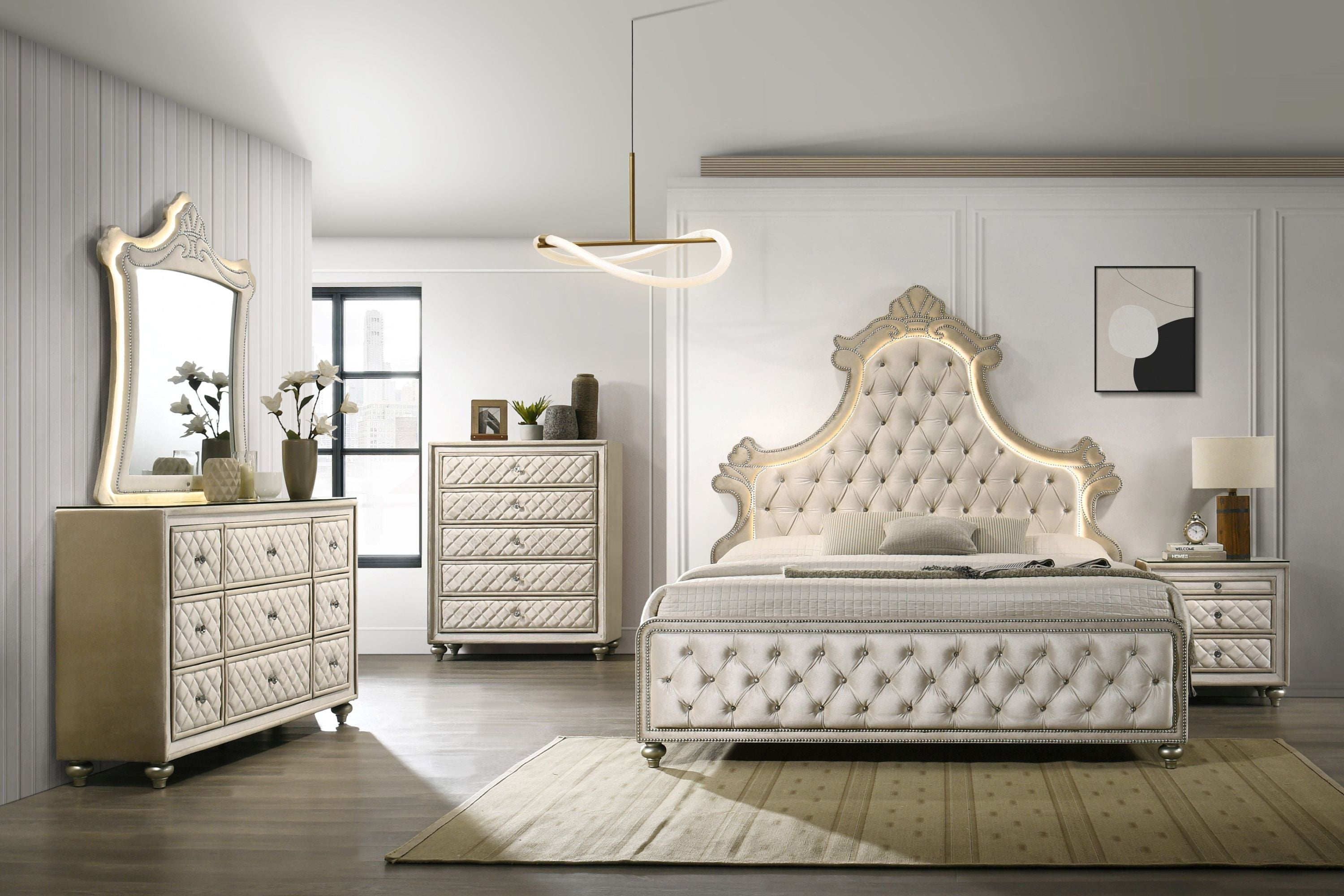 Lucienne Beige Velvet Queen Bed with LED Light - Modern Design