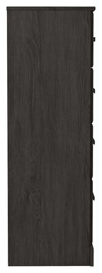 Charcoal four-drawer chest side panel with woodgrain finish and corner legs